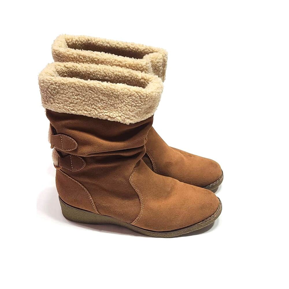 Lands End Charles short cognac brown snow boots women's 8 NIB suede leather